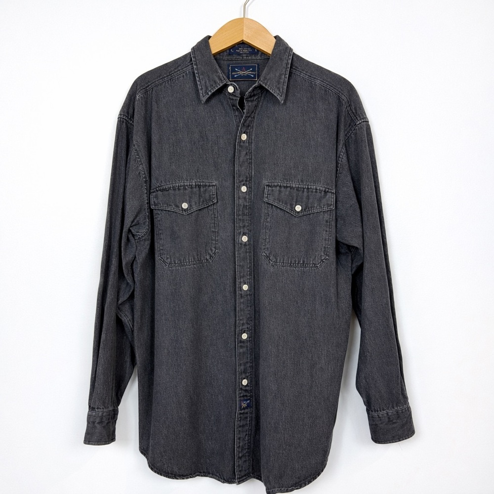 Men’s Washed Black Denim Button Down Shirt Large Workwear Western Vintage Arrow